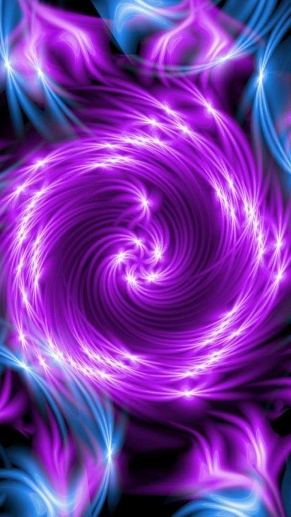 A vibrant purple and blue swirling pattern on a black background.