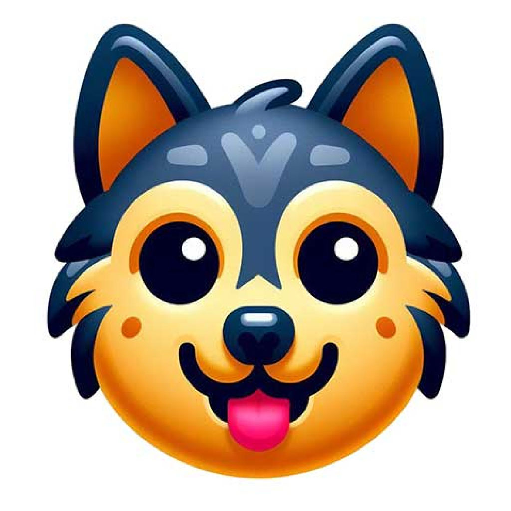 Cartoon wolf character with a friendly smile