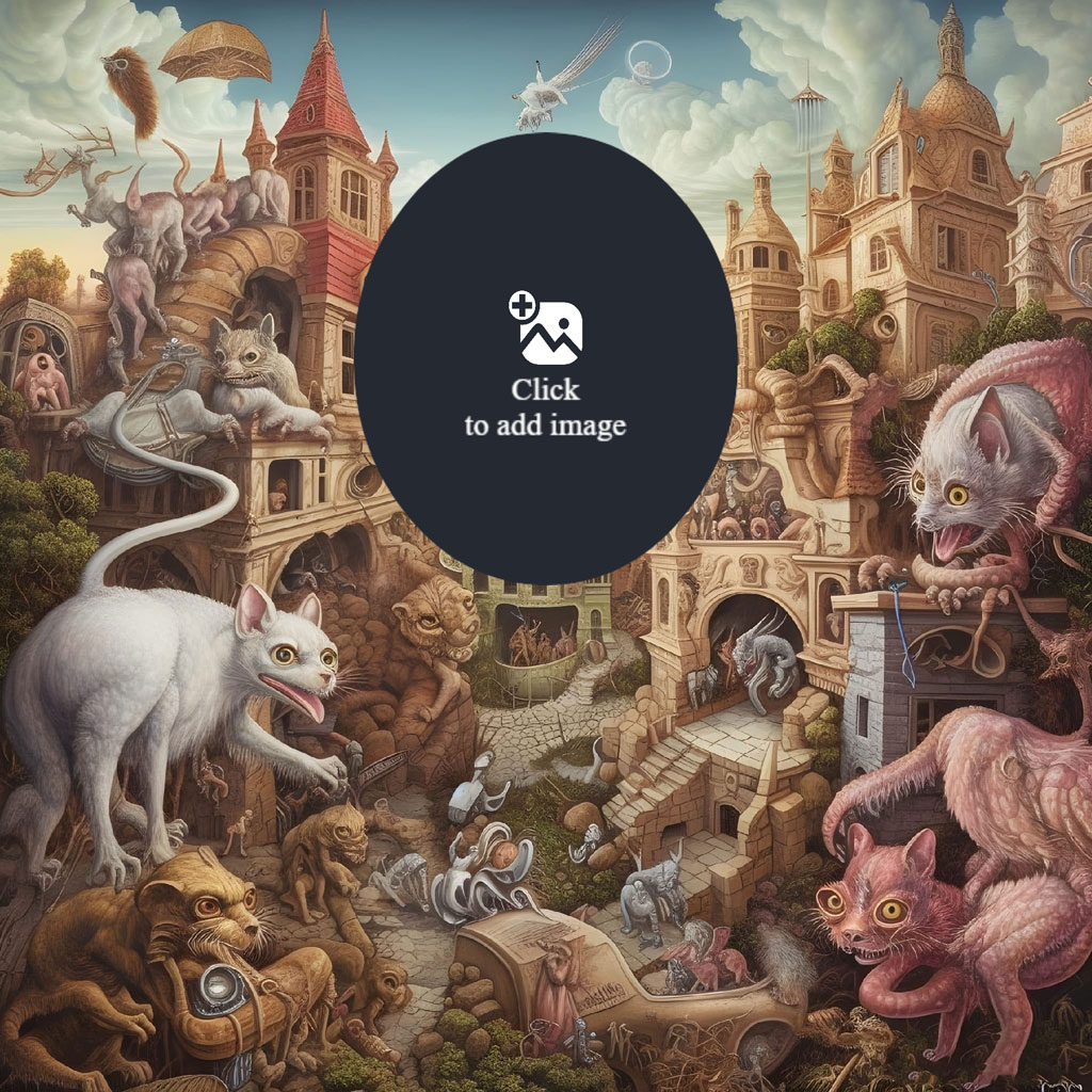 A colorful illustration of cats and other creatures in a dreamlike cityscape.