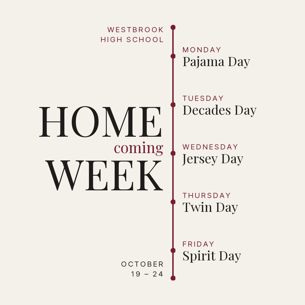 Square homecoming week schedule with weekday themes listed beside a vertical line on a light background.