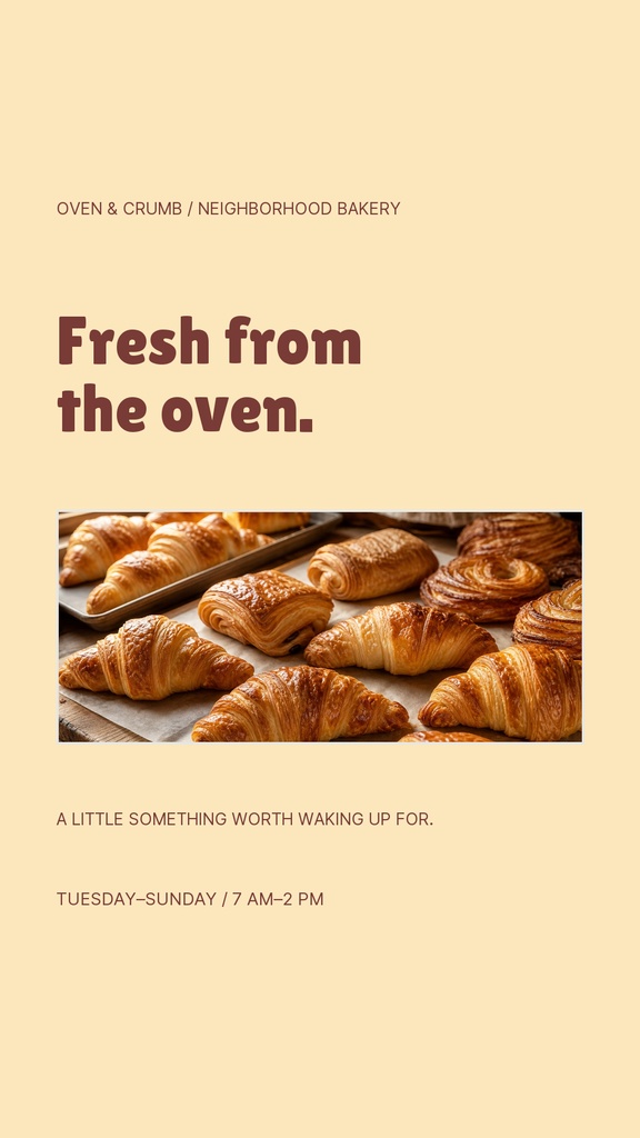 Beige Instagram story template with croissants and bakery text reading Fresh from the oven.