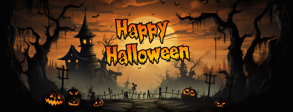 A spooky Halloween scene with a haunted house and glowing pumpkins