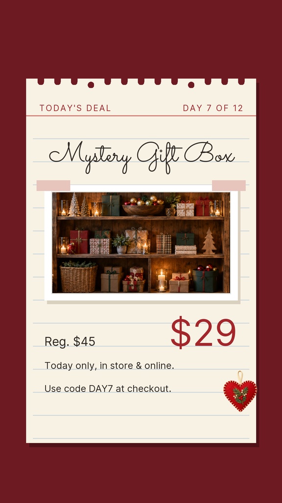 Instagram story template with a maroon background, notepad style layout, mystery gift box promo, and Christmas sale price.