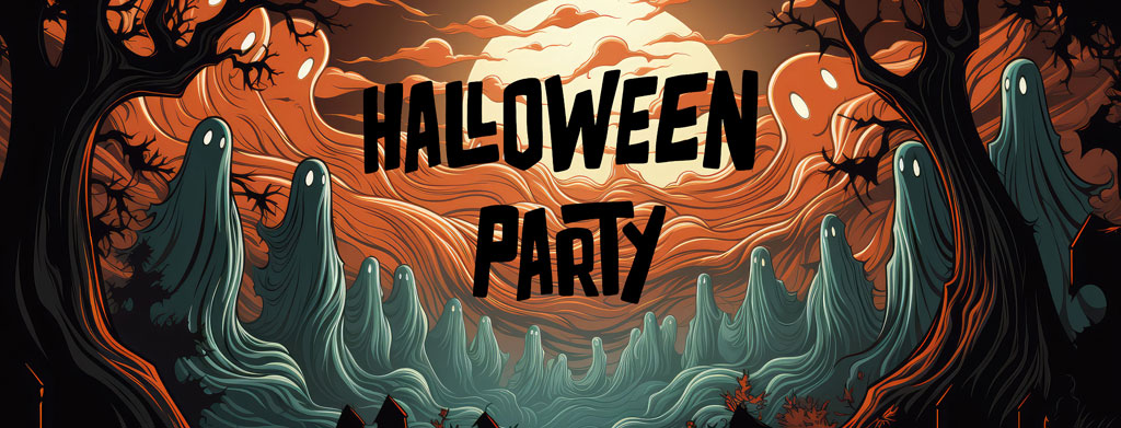 Halloween party invitation with ghosts and full moon