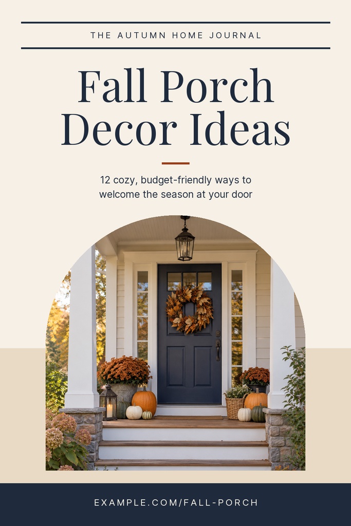 Pinterest pin layout with a fall porch photo, large title, and autumn-themed design.