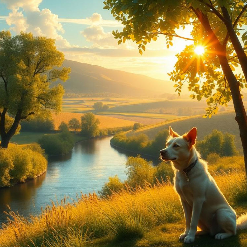 A white dog sitting on a grassy hill overlooking a river at sunset.