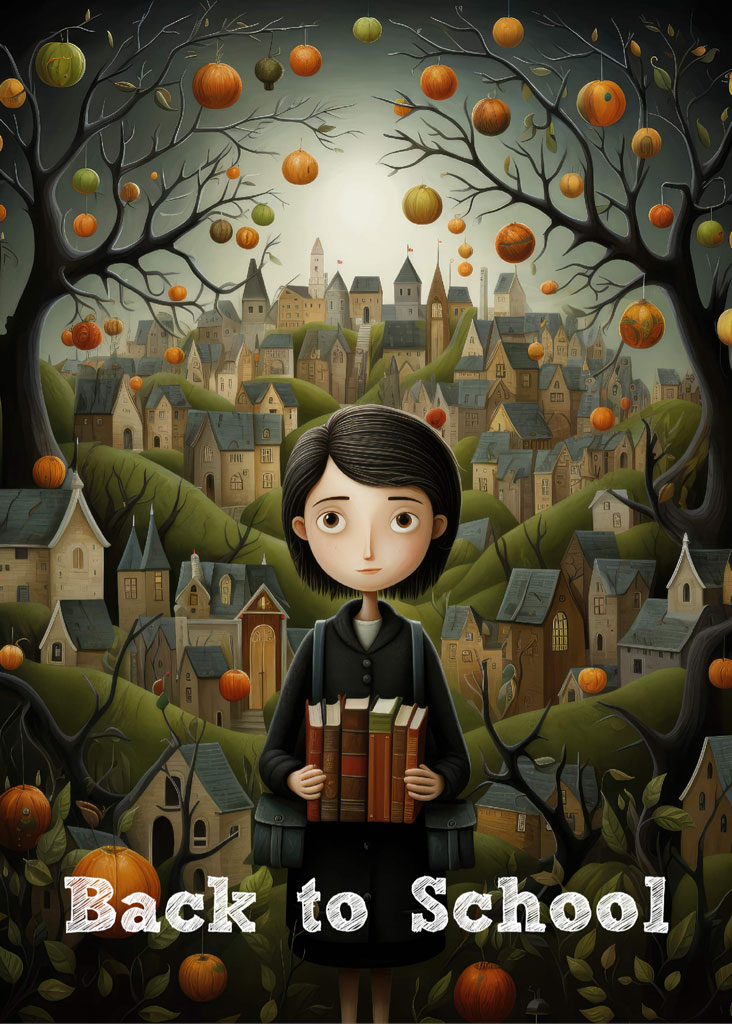 Cartoon girl holding books in a village with orange trees
