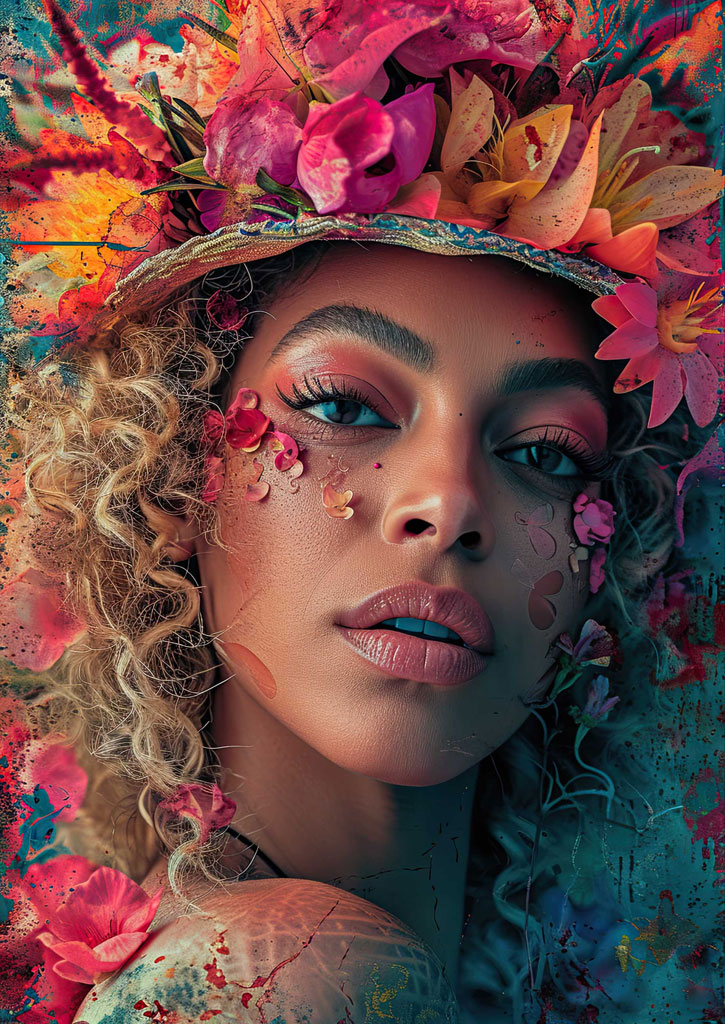 A close-up portrait of a woman with curly hair, wearing a hat decorated with pink and orange flowers, and having flowers painted on her face