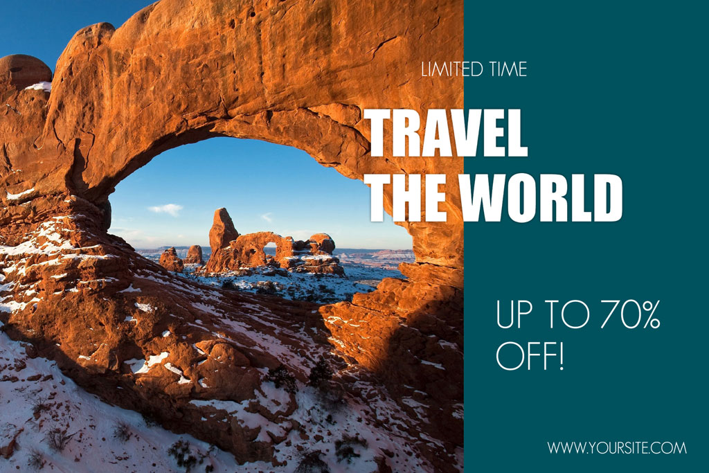 Rock formation with a natural arch and snow-covered ground