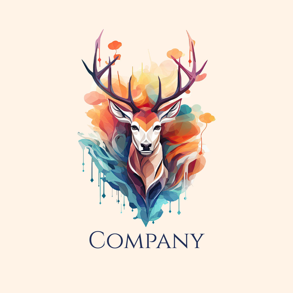 A stylized deer head with antlers surrounded by vibrant, swirling colors