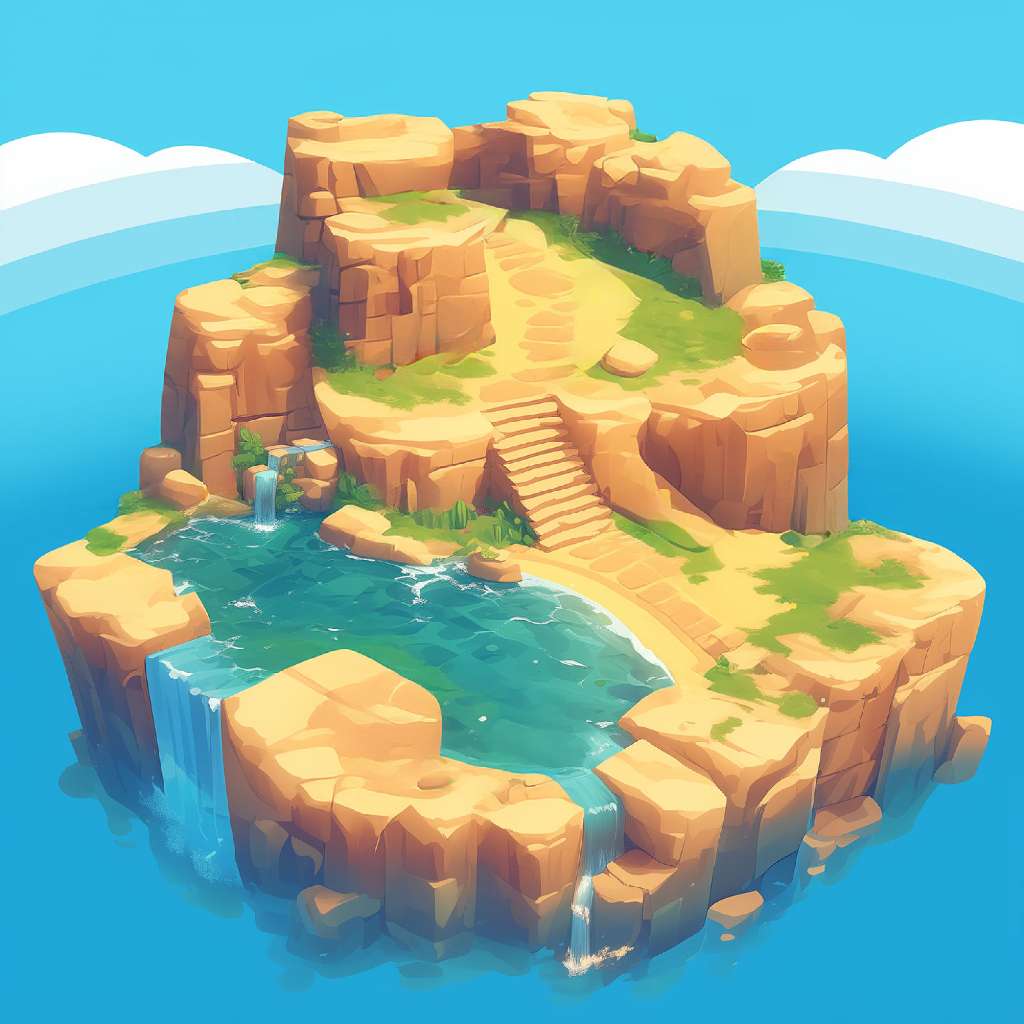 A 3D illustration of a peaceful island with a waterfall and staircase
