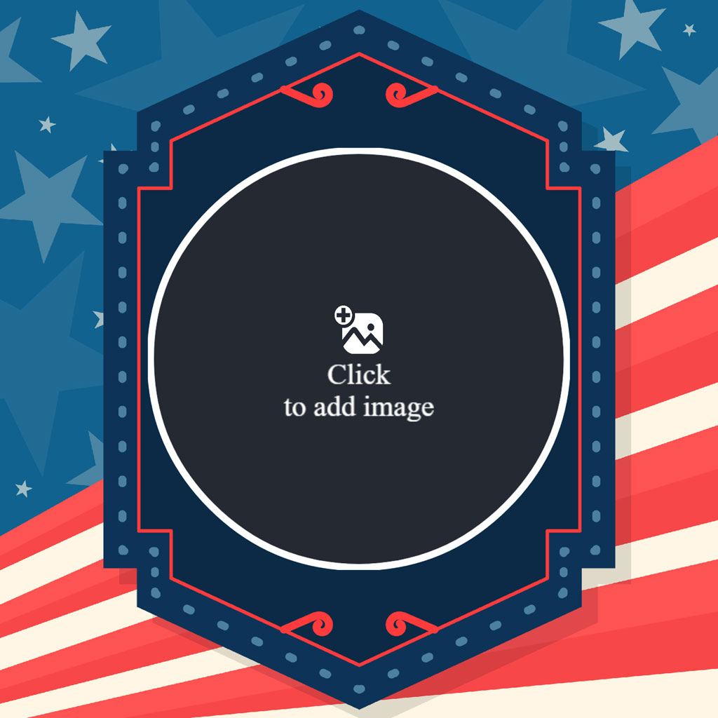 A template with a dark blue hexagon and a circular placeholder for a photo, set against a background of the American flag.