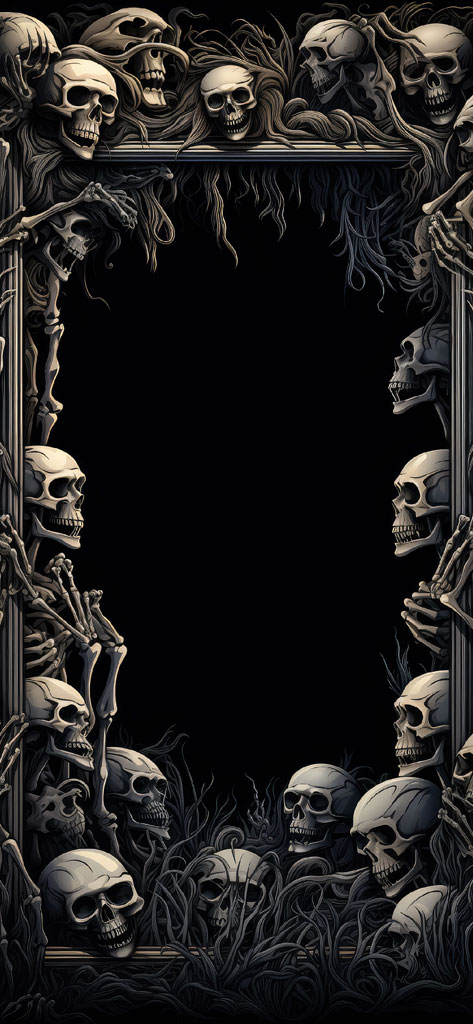 An intricate frame made of skulls and bones on a black background.