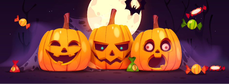 Three cartoon pumpkins with different faces in a Halloween setting