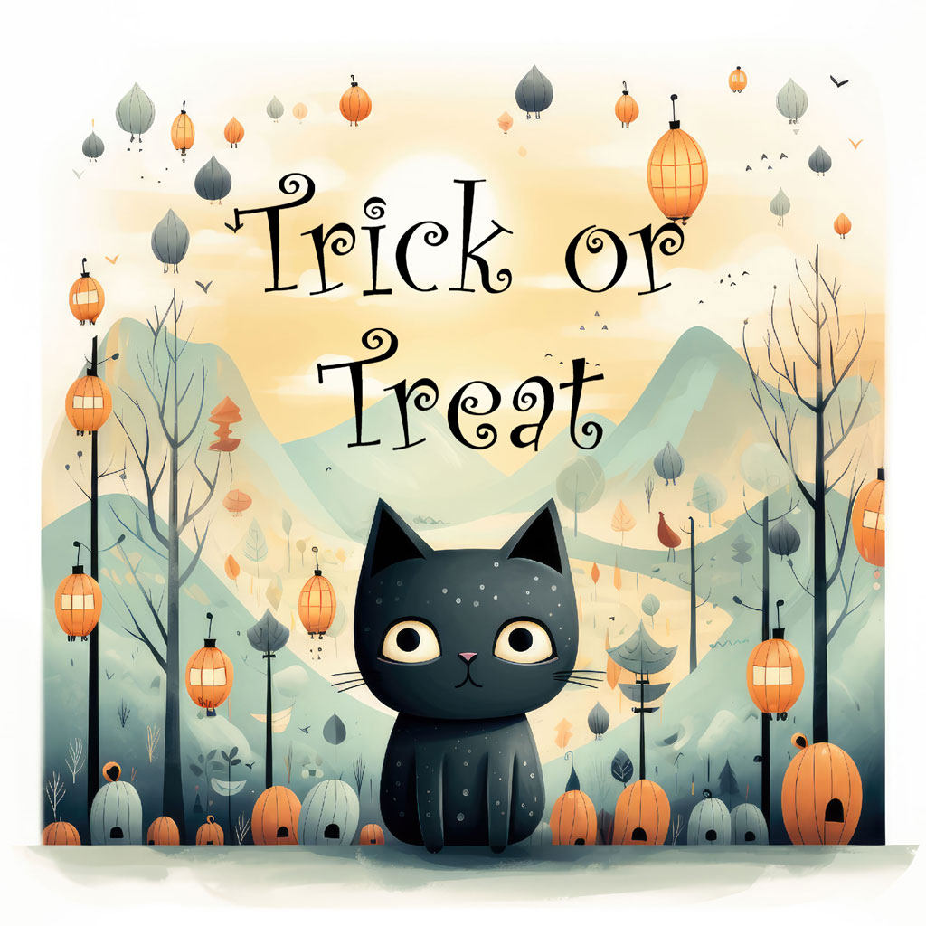 A cartoon black cat in a Halloween setting with orange and gray lanterns and pumpkins.