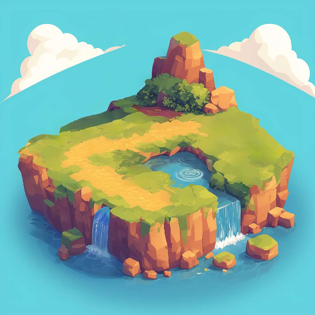 Isometric illustration of a peaceful island with a lake and waterfalls