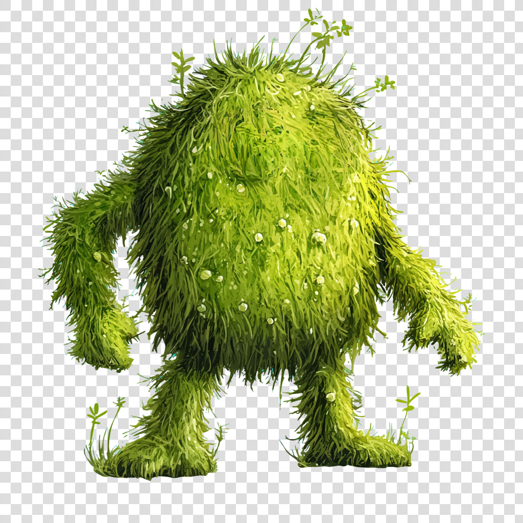 A cartoon creature covered in lush green grass and small plants