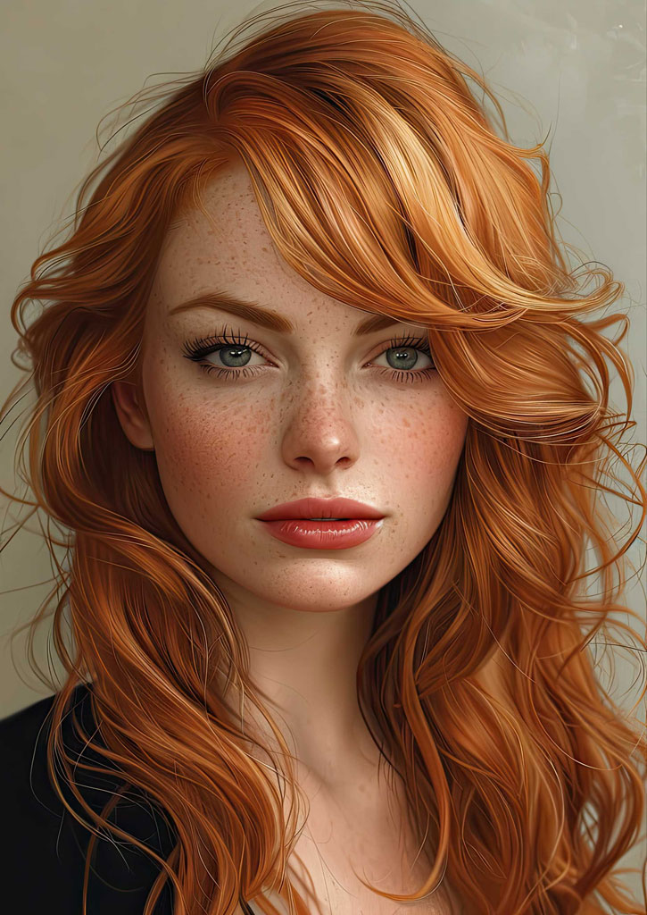 A young woman with long, wavy red hair and freckles on her face, looking directly at the viewer.