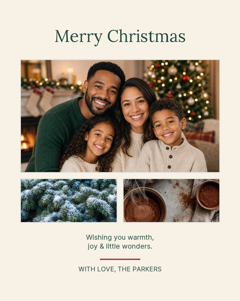 Family Christmas card with portrait photo collage, snowy branches, and warm cocoa images.