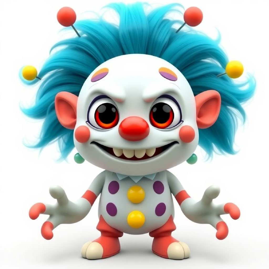 A 3D cartoon clown with blue hair and colorful dots