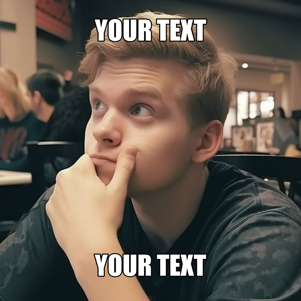 A man sitting in a cafe, looking thoughtful with his hand on his chin.