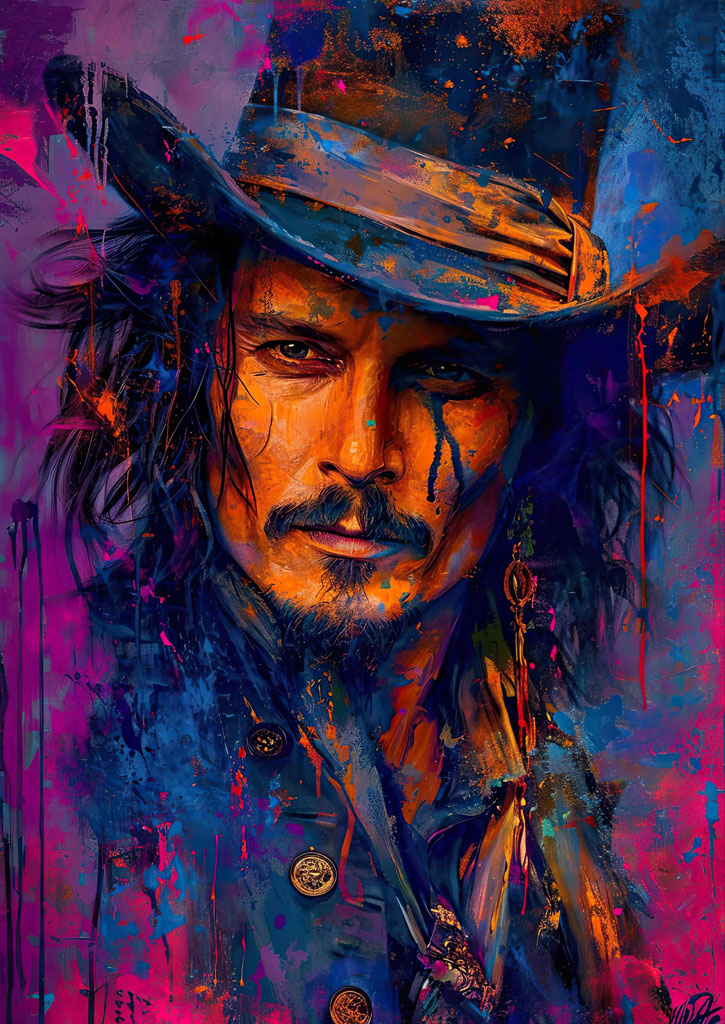 Colorful digital painting of Johnny Depp wearing a top hat and a buttoned shirt