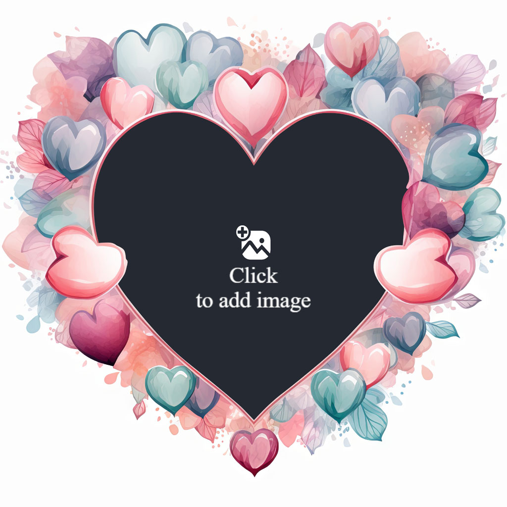 Black heart frame with pink, blue, and purple hearts and leaves around it