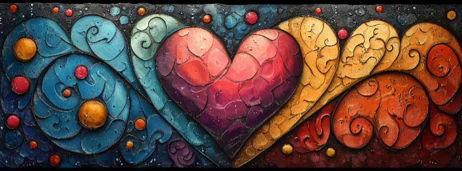 A mosaic of hearts in blue, red, yellow, and orange hues.
