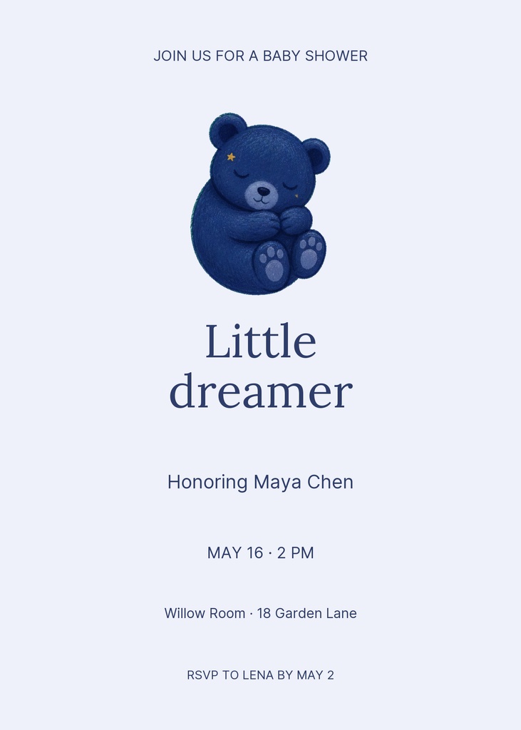 Portrait baby shower invitation with a teddy bear illustration and Little Dreamer text.