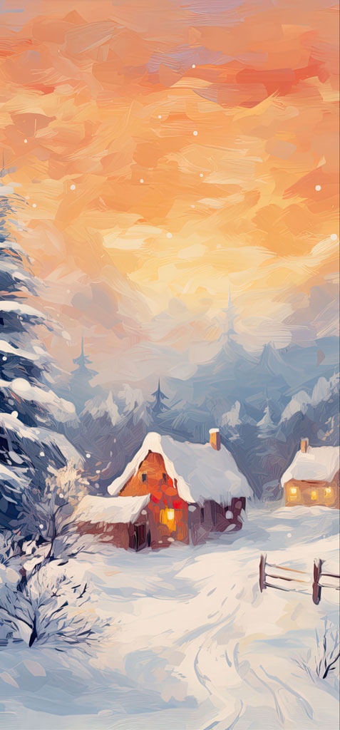 A painting of a snowy village with houses and mountains in the background.