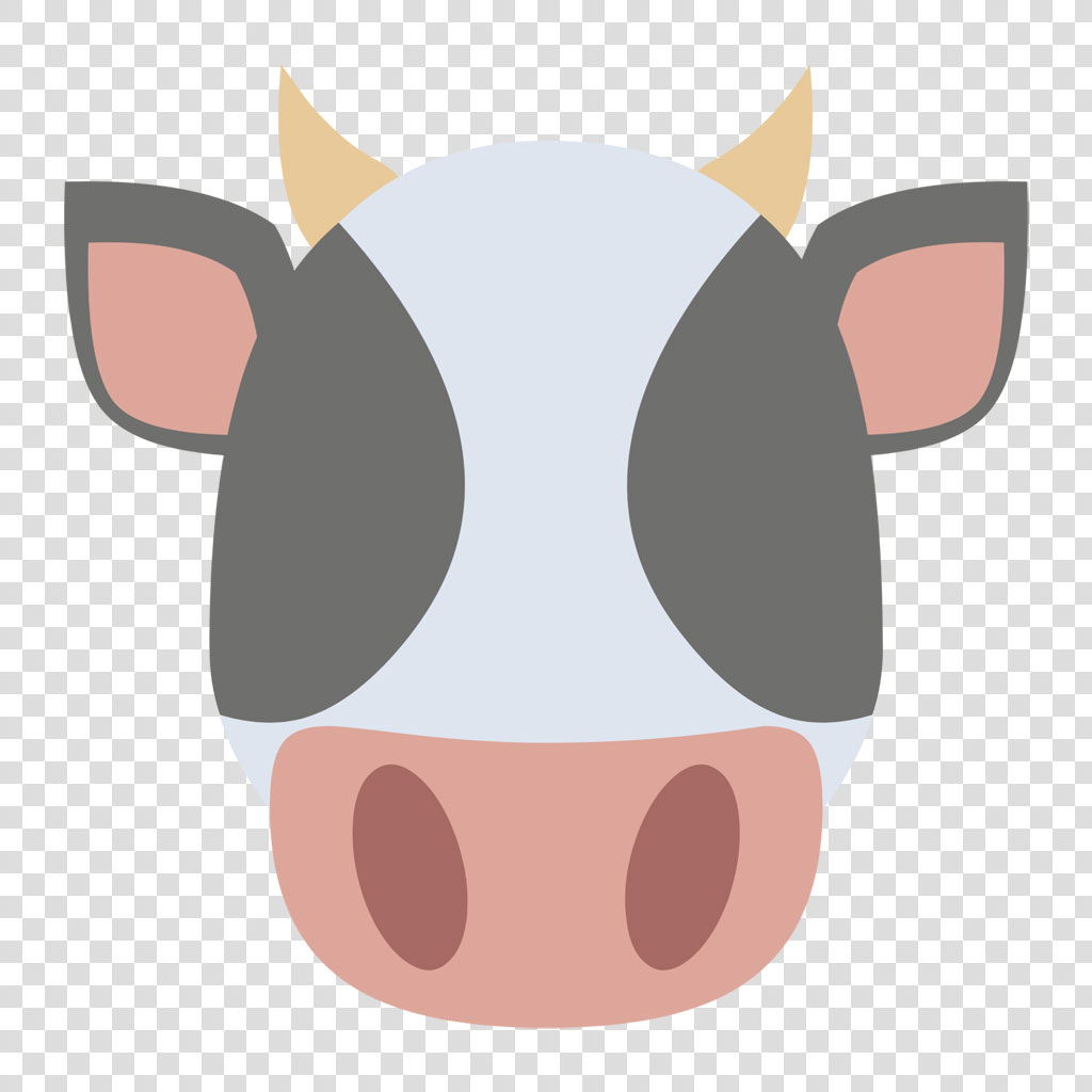 A cartoon cow head with gray and white markings and yellow horns