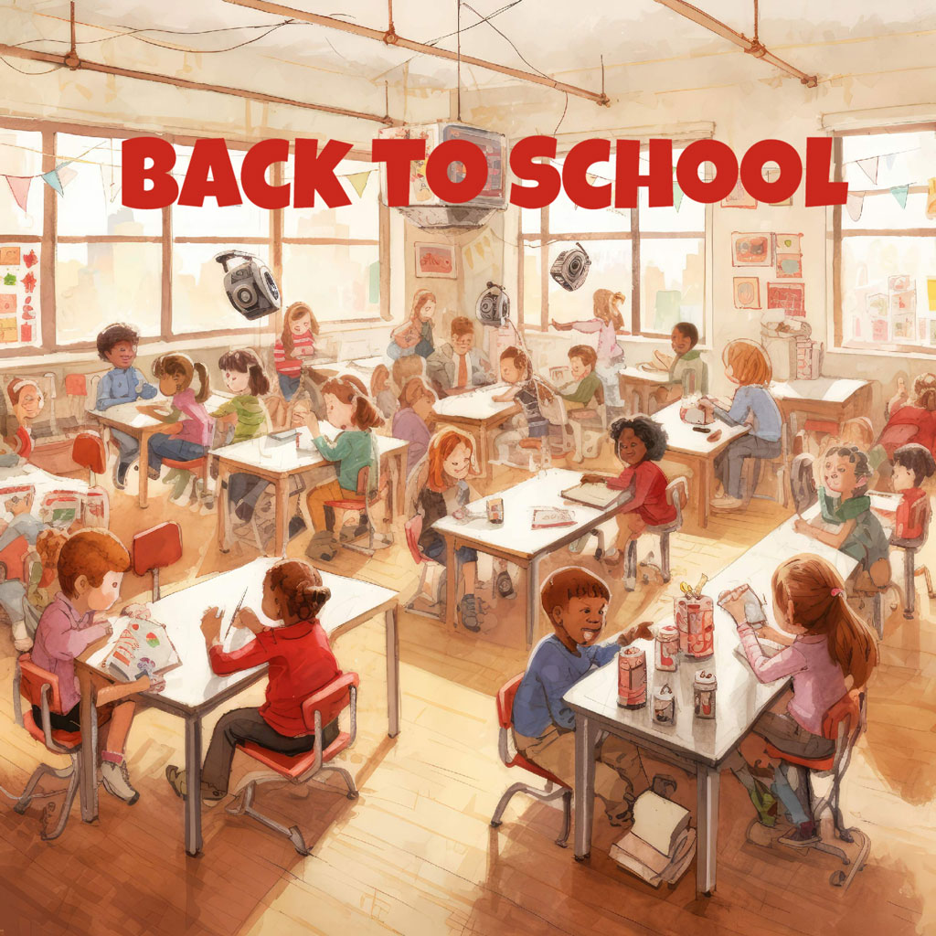 Illustration of a lively classroom with children engaged in various activities