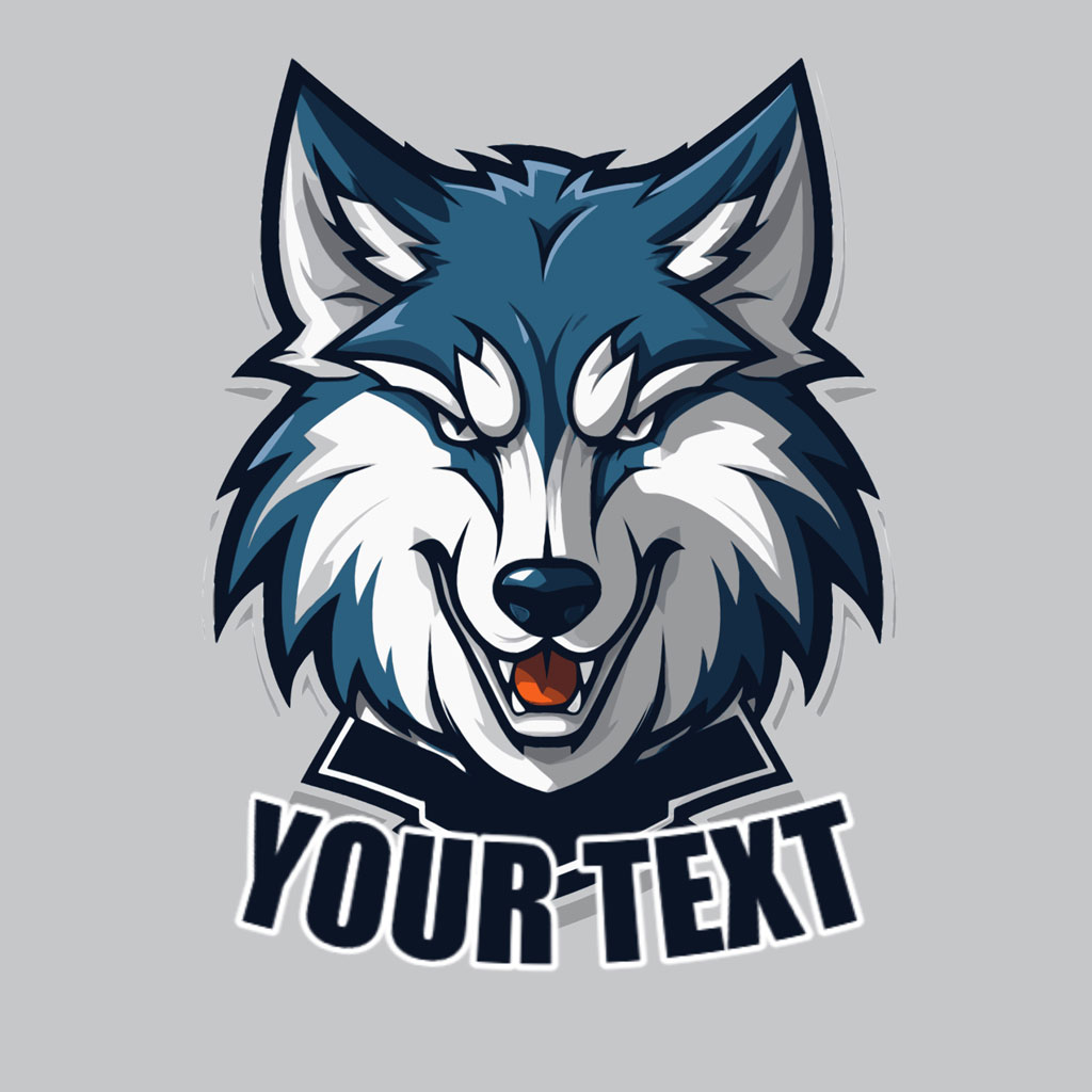 Stylized cartoon wolf head with open mouth and customizable text