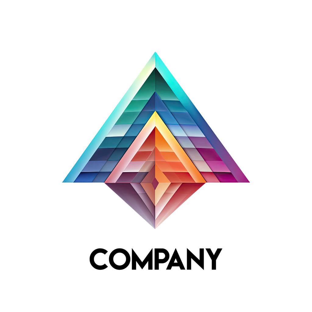 A stylized, multicolored triangle logo with layered effect