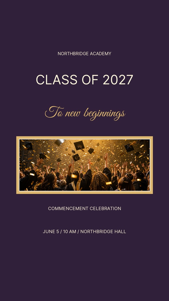 Plum Instagram story template with Class of 2027 text, gold script, and a graduation crowd photo.