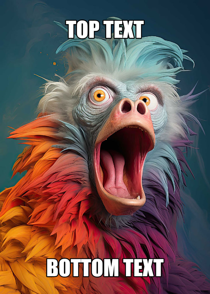 A colorful bird with a shocked expression and open beak, surrounded by a dark teal background.