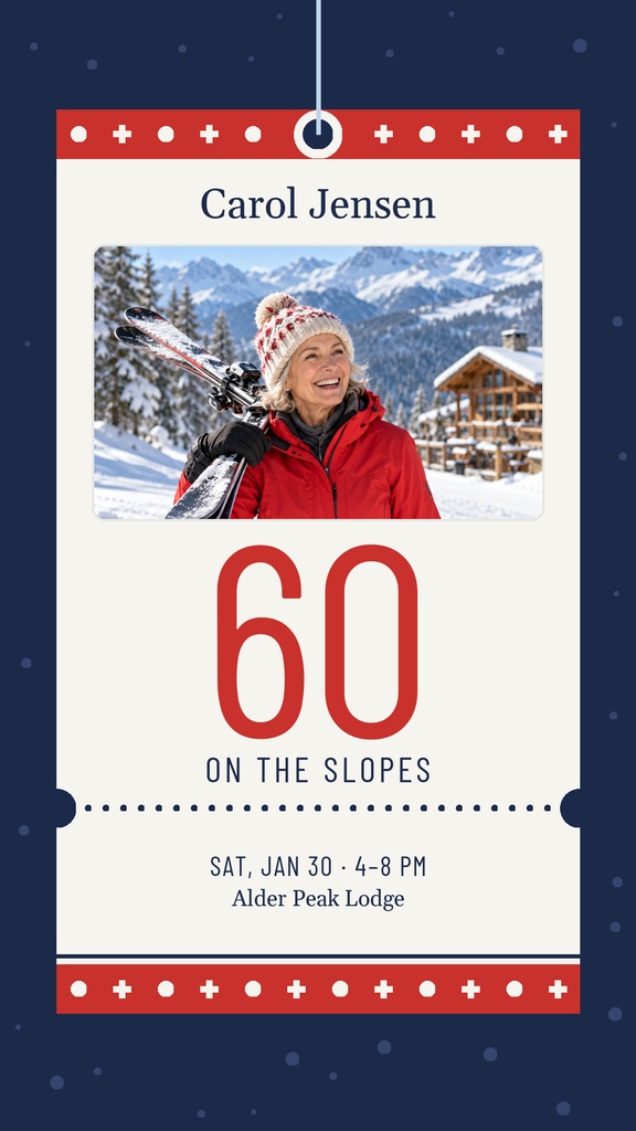 Portrait birthday invitation with a skier photo, large red 60, and winter ski party text.