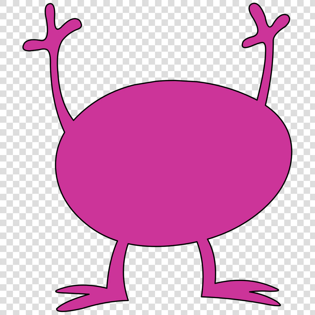 A pink cartoon character with a round body and stick-like limbs.