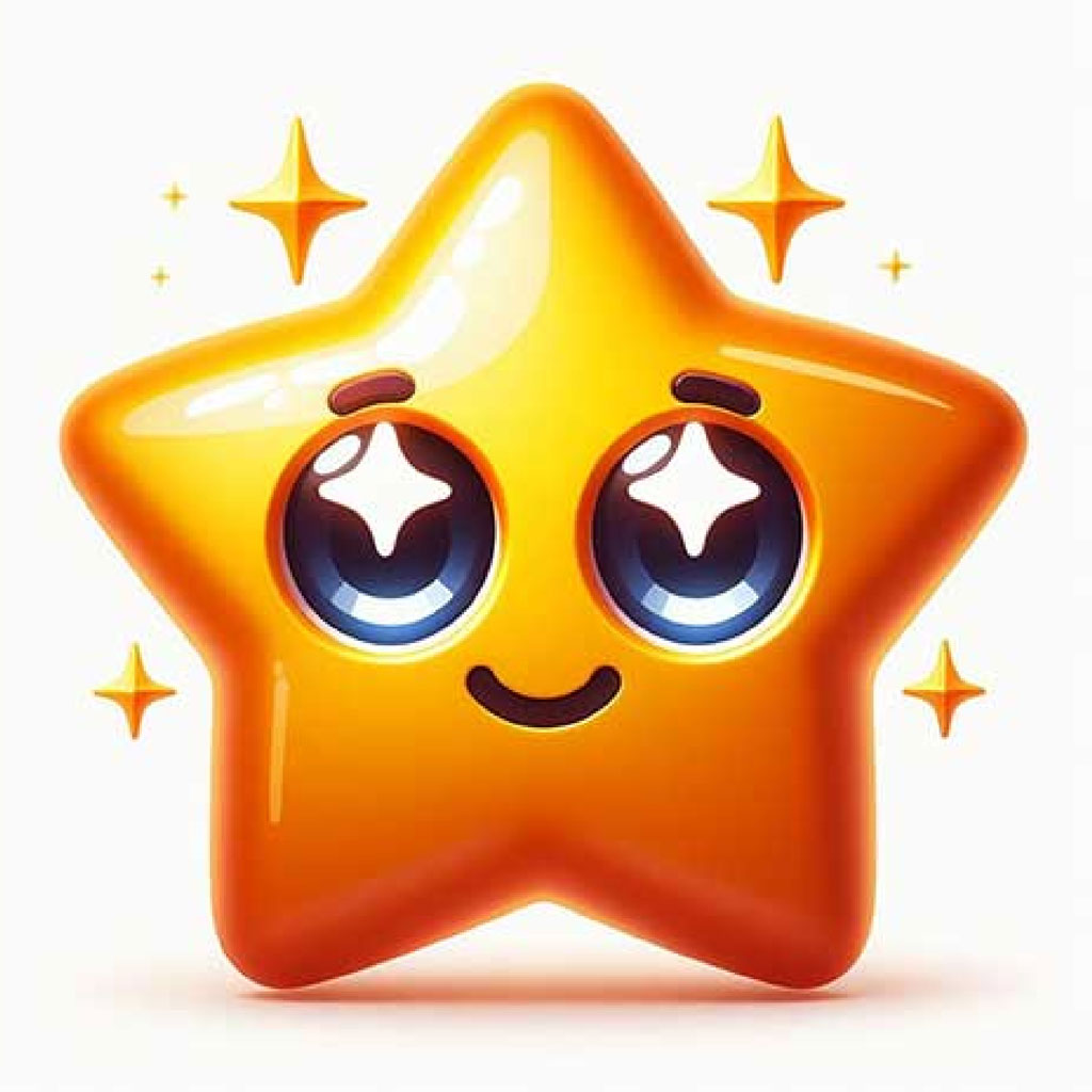 A yellow star with a smiling face and sparkles