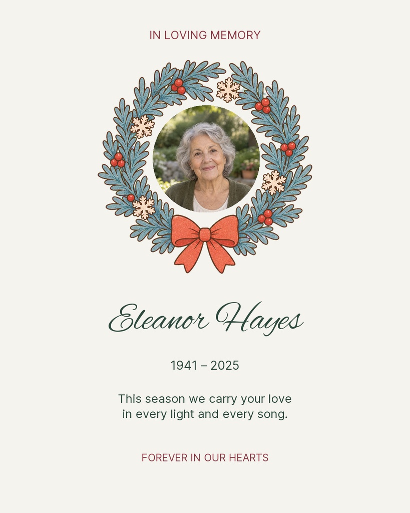 A memorial card with a floral wreath, portrait photo, and the text In Loving Memory.