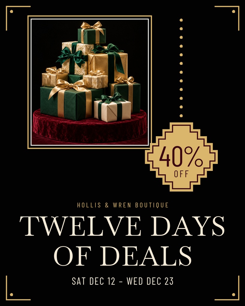 Black portrait sale poster with stacked wrapped gifts and a 40 percent off badge.