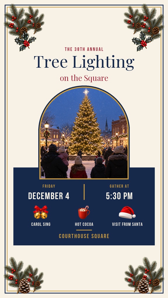 Holiday event story template with a decorated Christmas tree and event details.