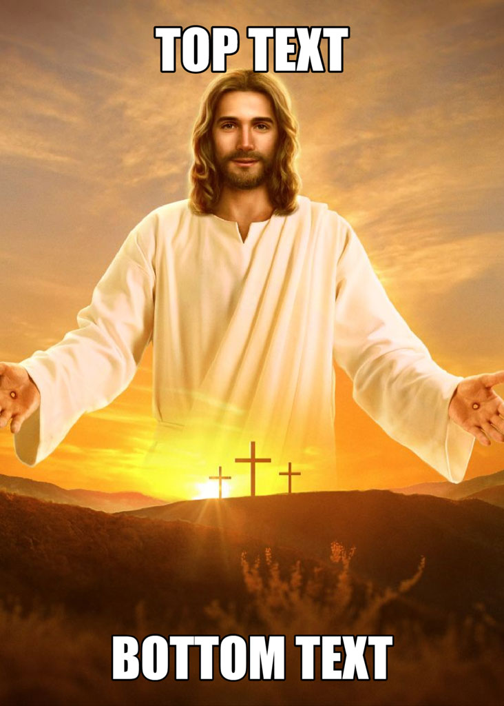 Jesus Christ with outstretched arms, standing before three crosses at sunset