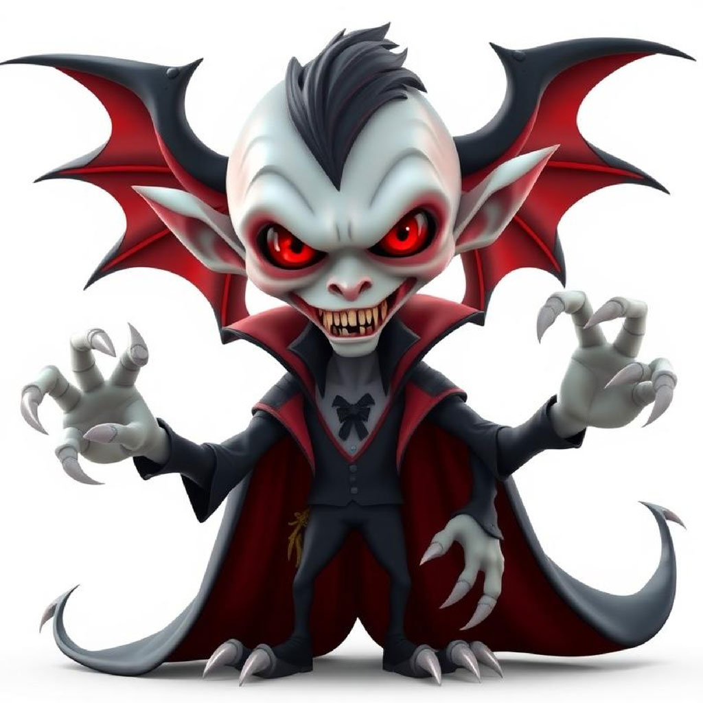 A cartoon vampire with red eyes and black hair