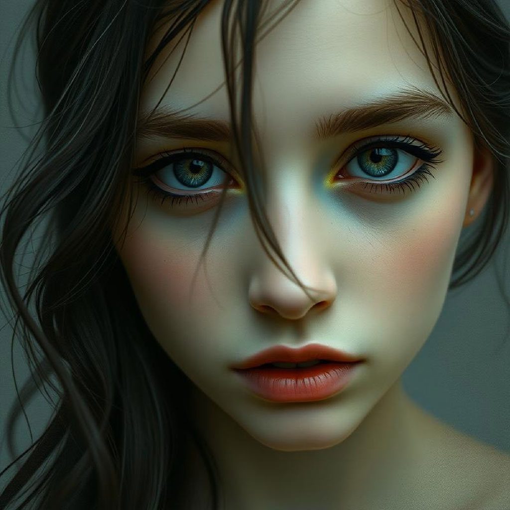 Close-up portrait of a young woman with blue eyes and dark hair