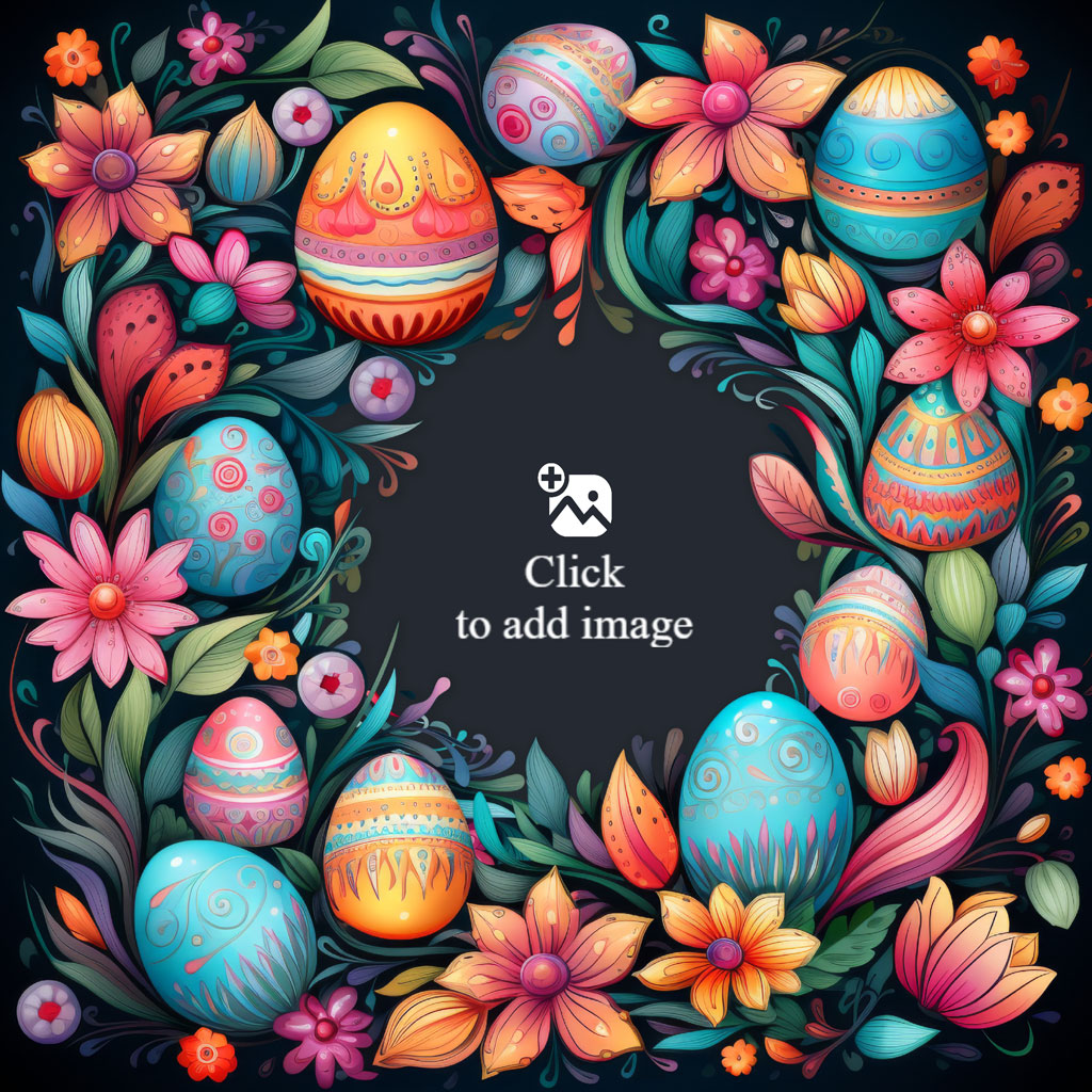 A vibrant Easter wreath with decorated eggs and flowers
