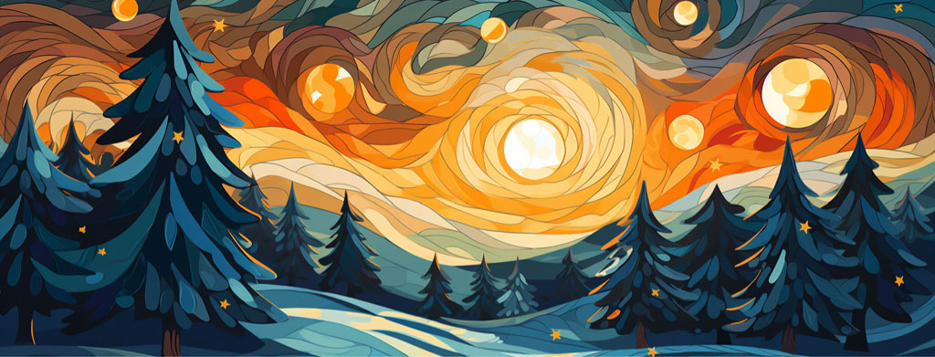 A stylized forest landscape with swirling clouds and multiple moons