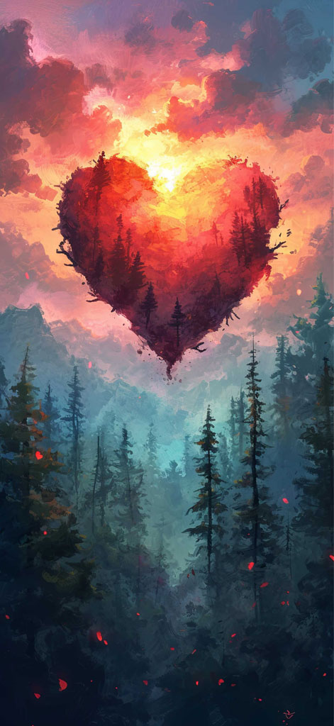 Digital art of a heart-shaped forest with trees and a sunset background
