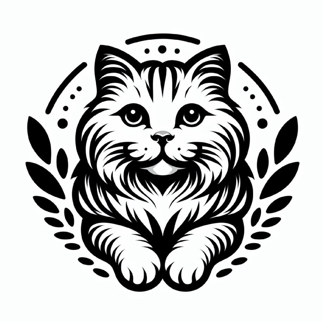 Stylized cat with blue eyes and red nose surrounded by black flourishes