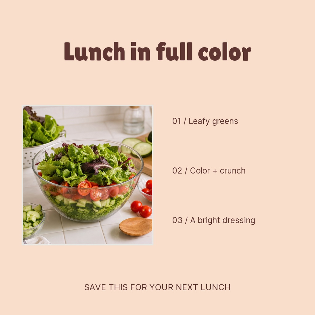 Square post with a bowl of leafy green salad and text about lunch in full color.